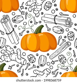 Seamless pattern with pumpkin and spice. Hand drawn Autumn backdrop. Doodle Outline vector Pumpkin pie spice illustration. Organic, fresh cooking ingredient. For wallpaper, wrapping, scrapbooking.