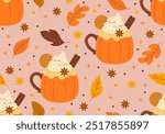 Seamless pattern with Pumpkin Spice Latte. Autumn coffee background. Ice honey pumpkin spice latte with whipped cream texture