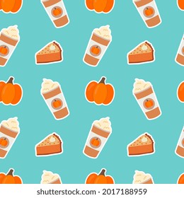 Seamless pattern with pumpkin spice latte coffee cup, pumpkin and sweet slice pie. Seasonal hot drink isolated on blue background. Background for autumn menu or greeting cards. 