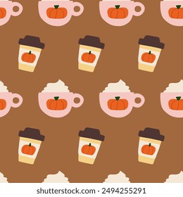 Seamless pattern. Pumpkin spice latte. Coffee cups and mugs. Simple design. Hand drawn vector illustration.