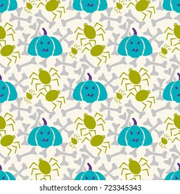 Seamless pattern with pumpkin, spider and bone.  Halloween background