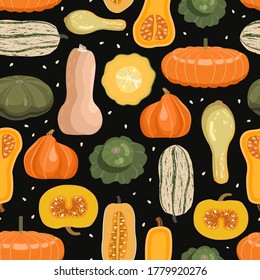 Seamless pattern with pumpkin and squash varieties. Autumn repeat for thanksgiving, harvest and halloween. Vector Illustration.