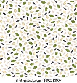 Seamless pattern of pumpkin and sunflower seeds. Kitchen, cooking print. Organic food. Hand drawn cartoon vector illustration