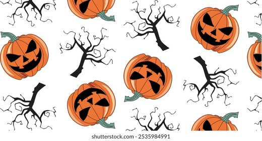 Seamless pattern with pumpkin and tree in Halloween style.  Design for textiles, wrapping paper, web design and other creative projects. Vector illustration.