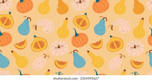 Seamless pattern with pumpkin of various shapes