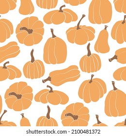 Seamless pattern pumpkin vector illustration. Autumn Halloween or Thanksgiving pumpkin in flat design, simple, outline silhouette isolated on white background