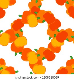 Seamless pattern with pumpkin. Vegetarian food. Cute cartoon. Vector illustration. Can be used for wallpaper, textile, invitation card, wrapping, web page background.