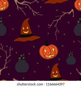 seamless pattern pumpkin and witch hat halloween