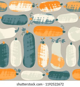 Seamless pattern with pumpkin and zucchini in pastel colors. Hand drawn colorful vector illustration. Craft stamp style. Halloween or harvest background.