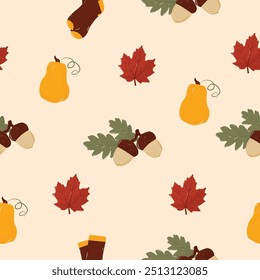 Seamless pattern with pumpkins, acorn, socks and autumn leaves. Autumn pattern. Perfect for product design, wallpaper, scrapbooking.  EPS 10