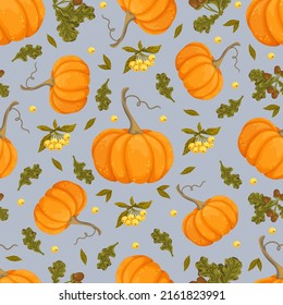 Seamless pattern with pumpkins, acorns, berries, autumn leaves.Vector graphics.