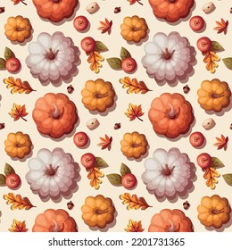 Seamless pattern with pumpkins, apples and autumn leaves. Autumn, harvest, thanksgiving day, fall concept. Vector illustration. Perfect for product design, wallpaper, scrapbooking.