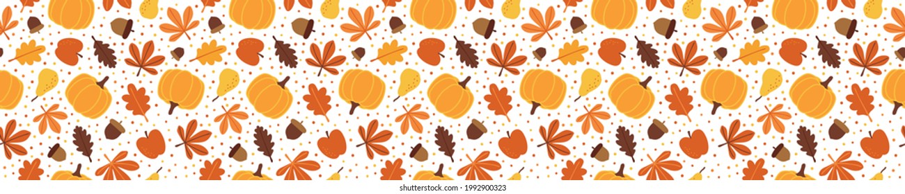 Seamless pattern with pumpkins, apples, pears, acorns and autumn leaves