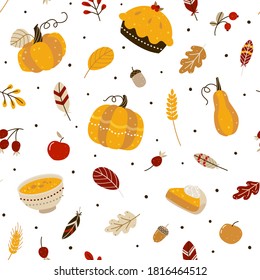 Seamless pattern with pumpkins and autumn elements and food for Thanksgiving day design