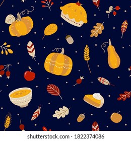 Seamless pattern with pumpkins and autumn elements and food on dark background for Thanksgiving day design