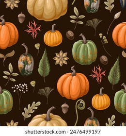 Seamless pattern with pumpkins and autumn elements. Vector