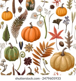 Seamless pattern with pumpkins and autumn elements. Vector