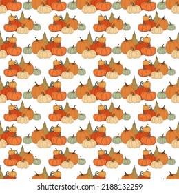 Seamless pattern with pumpkins. Autumn, flowers, leaves.