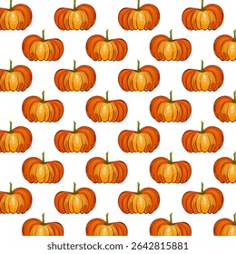 Seamless pattern pumpkins for autumn harvest, Halloween, and Thanksgiving design. For greeting cards, posters, flyers, banners for fall festivals and farmers’ markets, packaging, textile design.