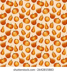 Seamless pattern pumpkins for autumn harvest, Halloween, and Thanksgiving design. For greeting cards, posters, flyers, banners for fall festivals and farmers’ markets, packaging, textile design.