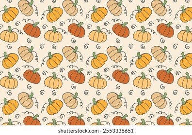 Seamless pattern with pumpkins. Autumn illustration. Vector image. Autumn harvest illustration. Thanksgiving wallpaper.