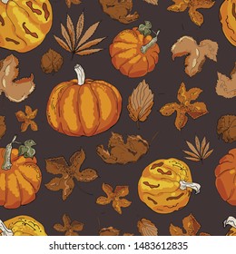 Seamless pattern with pumpkins and autumn leaves in orange and brown on background. Designed for print, wrap,  decoration.