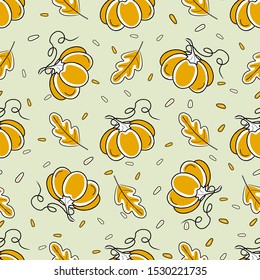 Seamless pattern with a pattern of pumpkins, autumn leaves and seeds. Vector