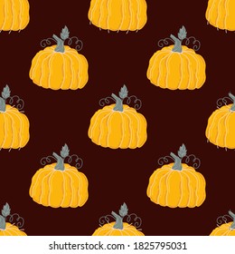 Seamless pattern with pumpkins, autumn leaves, branches and berries. Vector
