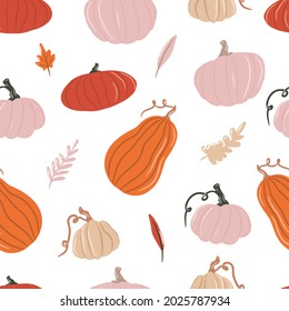 Seamless pattern with pumpkins, autumn leaves and twigs on a white background, colored pumpkins, a set of pumpkins, hello cozy autumn, hygge, cartoon illustration, vector drawing