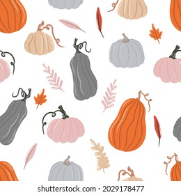 Seamless pattern with pumpkins, autumn leaves and twigs on a white background, colored pumpkins, a set of pumpkins, hello cozy autumn, hygge, cartoon illustration, vector drawing