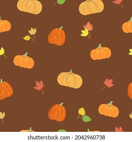 Seamless pattern with pumpkins and autumn leaves. For printing wrapping paper, wallpaper, packaging, fabric. Hand Drawn vector illustration.