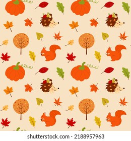 Seamless pattern with pumpkins, autumn leaves, squirrel, hedgehog and tree. Perfect for wallpaper, gift paper, pattern fills, web page background, autumn greeting cards. Autumn, harvest festival