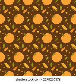 Patrón sin foco con calabazas y hojas de otoño sobre fondo marrón oscuro. Perfecto para tarjetas de Halloween, carteles, tela, invitaciones, carteles, impresión