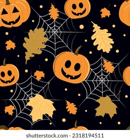 Seamless pattern with pumpkins, autumn leaves and cobwebs on a black background.