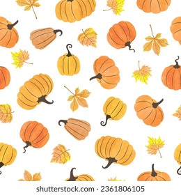 Seamless pattern with pumpkins and autumn leaves. Perfect for Thanksgiving, Halloween cards, wrapping paper