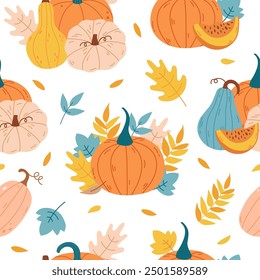 Seamless pattern with pumpkins and autumn leaves