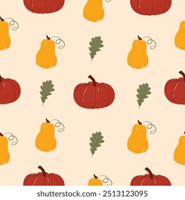 Patrón sin fisuras con calabazas y hojas de otoño. Patrón de otoño. Perfecto para el diseño de productos, Fondo de pantalla, scrapbooking. EPS 10