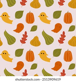 Seamless pattern with pumpkins, autumn leaves and cute ghosts, Seamless Vector Pattern