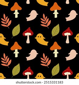 Seamless pattern with pumpkins, autumn leaves, mushrooms, and cute ghosts on black background, Seamless Vector Pattern