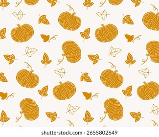 Patrón sin fisuras con calabazas y hojas de otoño en estilo dibujado a mano, formato de Vector. Naranja sobre fondo claro, textura lineal. Ideal para textiles de otoño, papel de embalaje, Fondos de pantalla, papelería.
