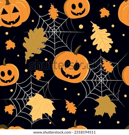 Seamless pattern with pumpkins, autumn leaves and cobwebs on a black background.