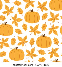 Seamless pattern with pumpkins and autumn orange leaves. Can be used for wrapping paper, wallpaper, pattern fills, web page background, autumn greeting cards, post cards, giftwrap