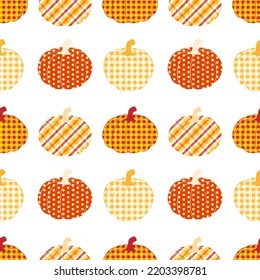 Seamless pattern with pumpkins in Autumn plaid and polka dots. Hand drawn vector illustration in warm colours. Background for harvest holiday, Thanksgiving, Halloween, seasonal, textile, scrapbooking.