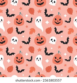 Seamless pattern with pumpkins, bats, autumn leaves and ghosts for Halloween