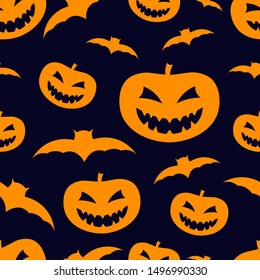 Seamless pattern. Pumpkins and bats on a blue background. Vector drawing. Halloween texture.