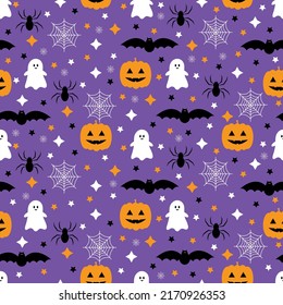 Seamless pattern with pumpkins, bats, spider, ghost. Halloween background. Vector illustration.