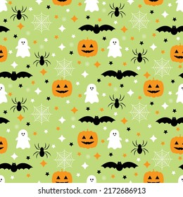 Seamless pattern with pumpkins, bats, spider, ghost. Halloween background. Vector illustration.