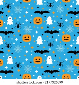 Seamless pattern with pumpkins, bats, spider, ghost. Halloween background. Vector illustration.	