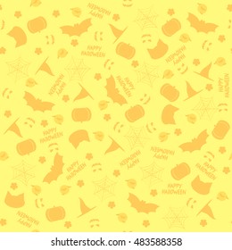 Seamless pattern with pumpkins, bats, wizard hat and cat heads in pale yellow-orange colours for Halloween. Trick or treat endless background. Vector illustration