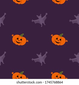 Seamless pattern of pumpkins and bats.Violet background. Decoration for Halloween. Suitable for textile and wrapping paper.